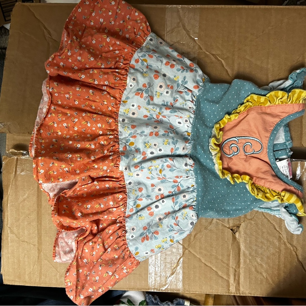 Girls' Multi-Print Ruffle Casual Dress - Teal, Coral & Light Blue